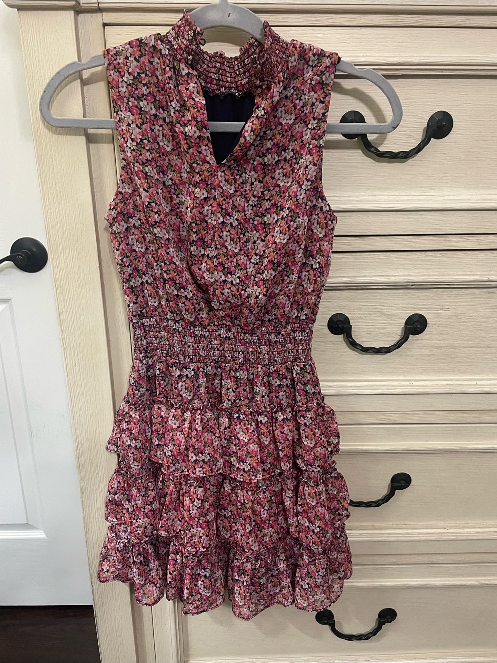 1 State Floral Smocked Tiered Ruffle Mini Dress - Pink Floral
